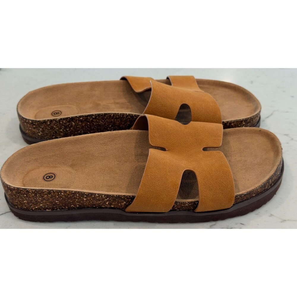 Brown Suede Slide Sandals H-Band Cutout Cushioned Contoured Cork Footbed SZ 8